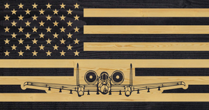 A10 airplane charred american flag, rustic wood flag