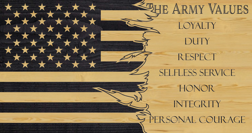 Army Values charred wood custom american flag, loyalty duty respect honor integrity