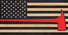 Load image into Gallery viewer, Red fireman's ax inlaid on US flag, charred firefighter wood flag
