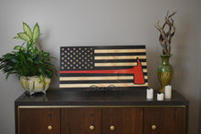 Load image into Gallery viewer, american flag with engraving of red firefighter's ax, charred wood flag