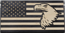 Load image into Gallery viewer, Eagle head overlaid onto the stripes of the American flag, rustic custom charred flag