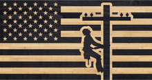 Load image into Gallery viewer, Lineman working on telephone pole overlaid on American flag
