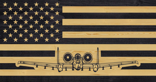 A10 airplane charred american flag, rustic wood flag