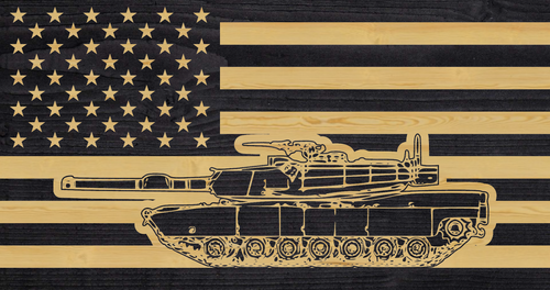 Abrams Tank american flag, charred flag with tank, american-made wood flag