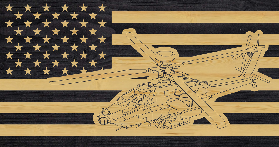 AH-64 Apache flag, united states flag, patriotic wood flag, charred helicopter flag