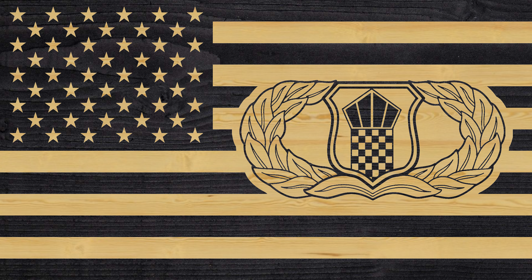 Air Force air traffic control logo flag, air force wood flag, charred wood flag made in usa