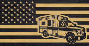 Ambulance american flag, charred flag, wood flag