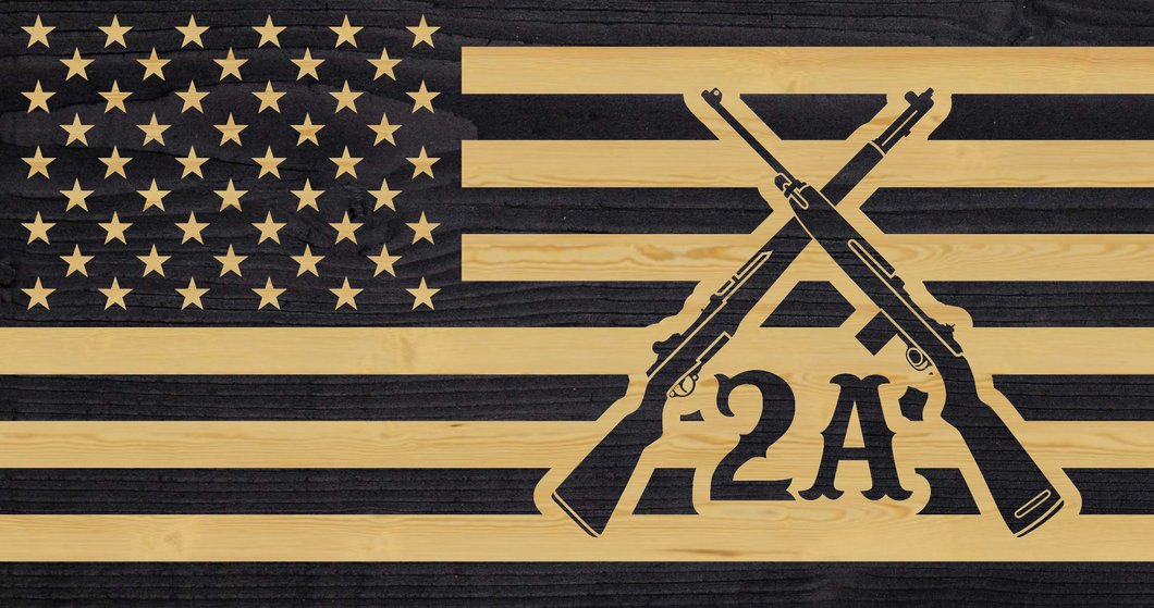 2nd Amendment Crossed Rifles rustic charred wood flag