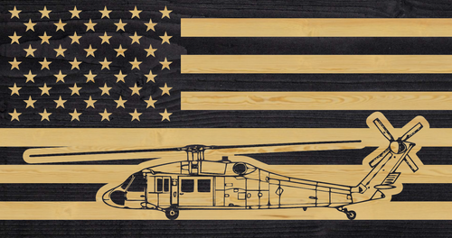 Blackhawk flag, helicopter flag, rustic wood american flag