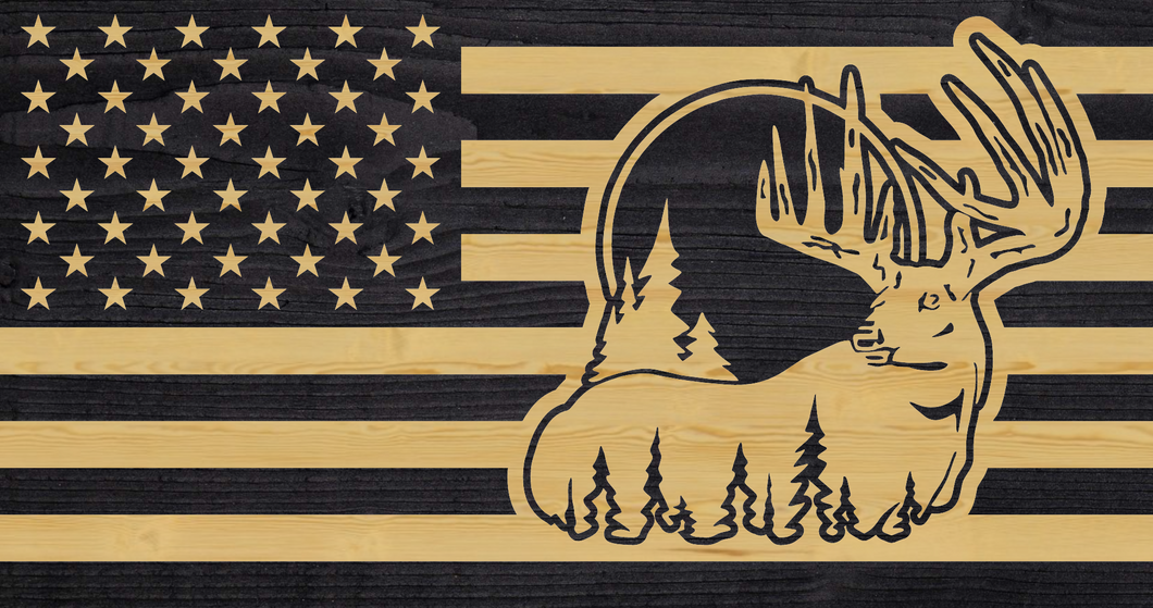 Buck Scene flag, 10-point buck american flag, charred wood flag