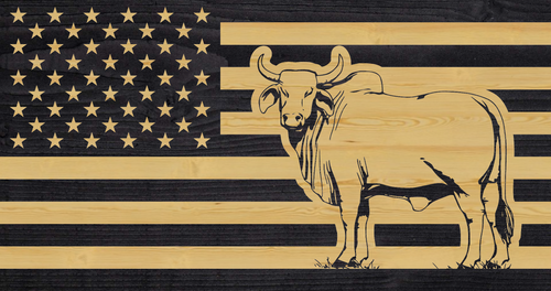 Bull charred wood flag, rustic wood american flag with bull