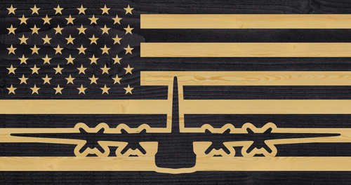 C130 Aircraft rustic wood flag, custom charred wood flag with C130 airplane overlaid