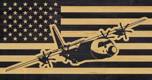 C130 Aircraft rustic wood flag, custom charred wood flag with C130 airplane overlay