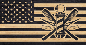 Barber shop symbols overlaid on American flag, charred wooden flag
