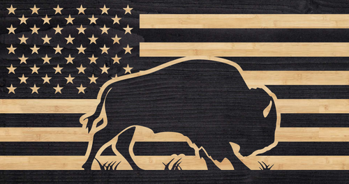 Buffalo grazing on american prairie overlaid on US flag, rustic wood custom flag