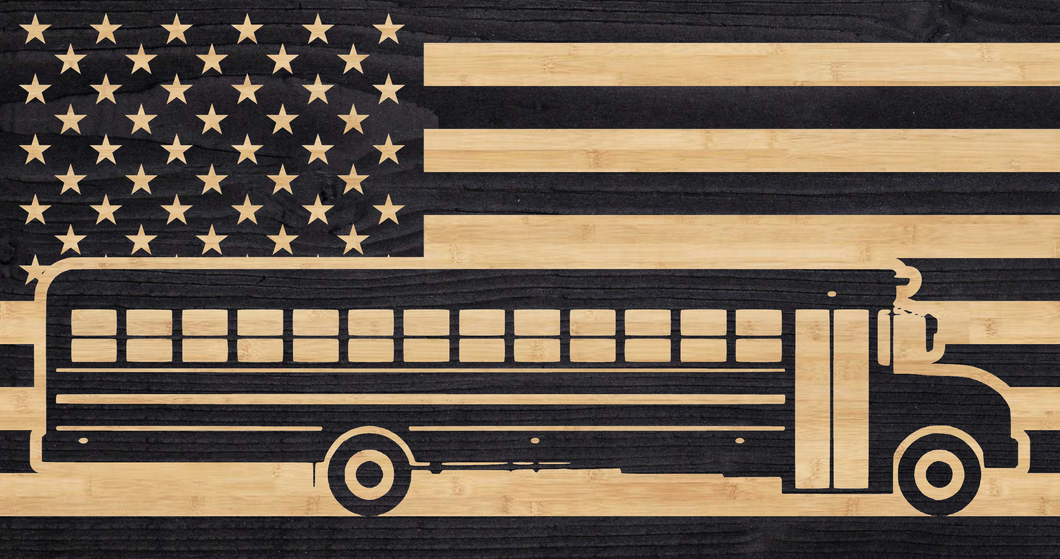 School bus driving on American flag