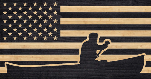 Canoeist paddling overlaid on the flag of the United States of America