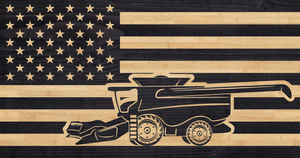 Combine overlaid on the American flag, charred wood farmer flag, custom american flag