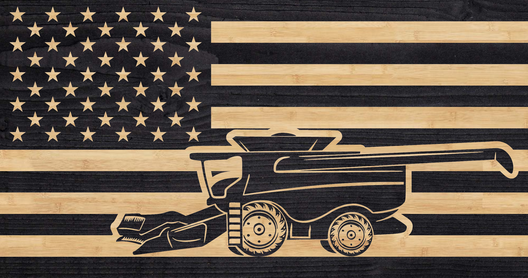 Combine overlaid on American flag, farmer flag, support local farmers, charred wood rustic american flag