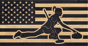 Female curler throwing a curling stone down the sheet overlaid on the American flag