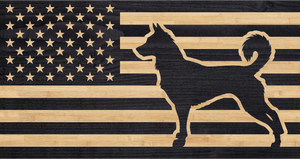 Dog standing at attention within US flag