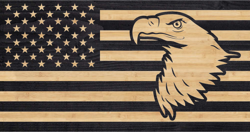 Eagle head overlaid onto the stripes of the American flag, charred wood flag