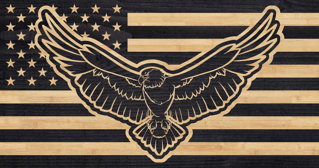 Eagle with its wings outspread overlaid on the American flag