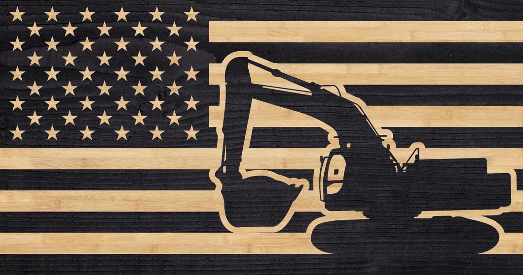 Excavator silhouette engraved on the stripes of the American flag