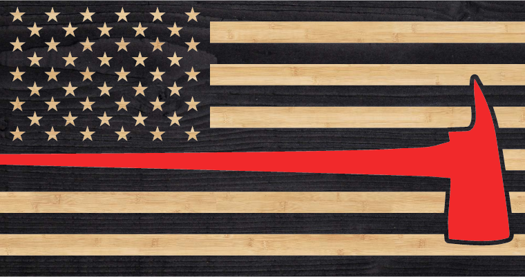 Red fireman's ax inlaid on US flag, charred firefighter wood flag