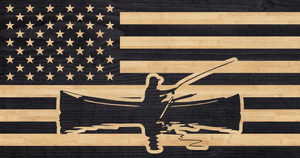 Person fishing from a canoe engraved onto the stripes of the american flag