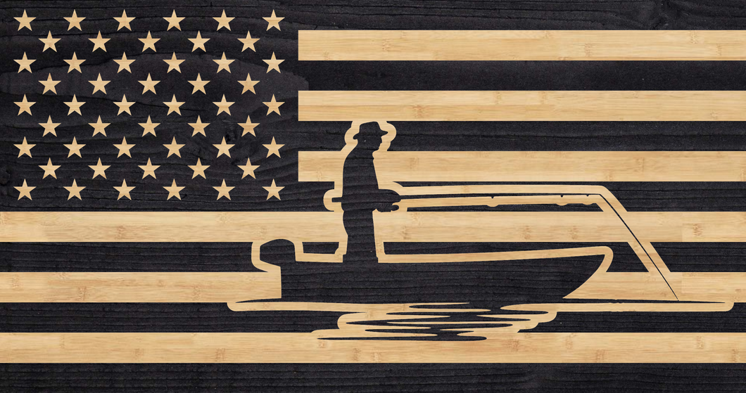 Fisherman standing in fishing boat engraved over the stars of the american flag