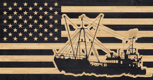Commercial fishing ship on the rough sees. Overlaid on the American flag.