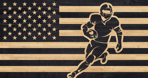 American football player running on the american flag