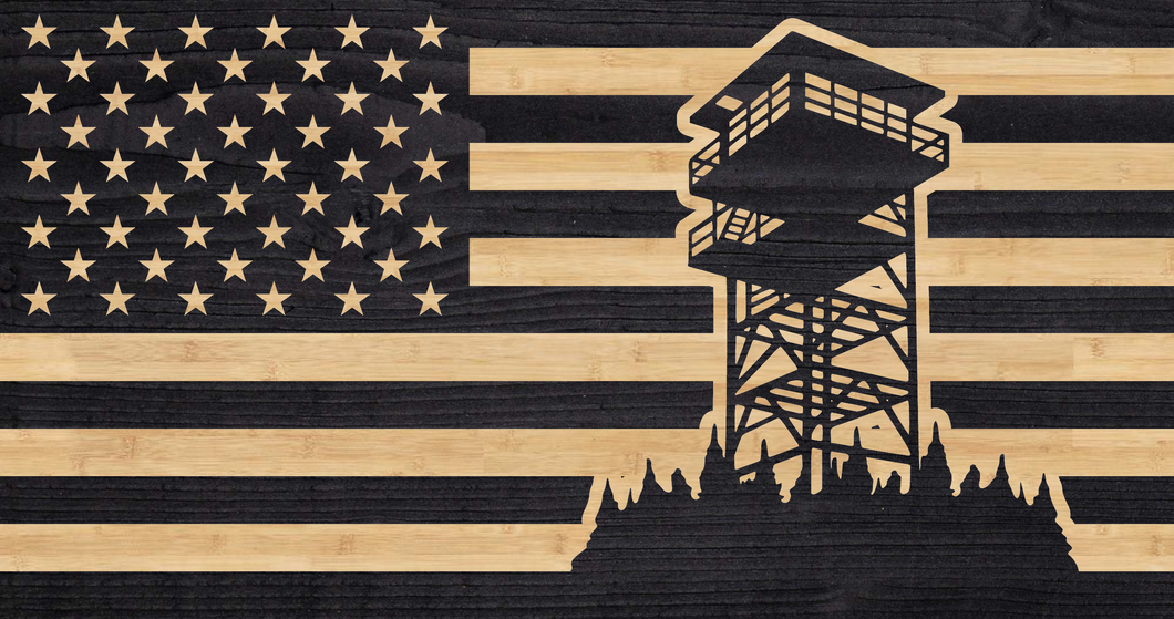 Forest lookout engraved onto the American flag