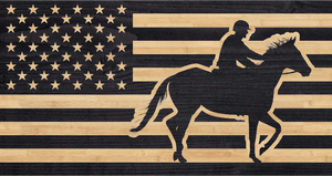 Horse and rider engraved onto the stripes of the american flag