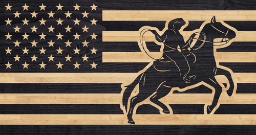 Cowboy on horse jumping overlaid on the American flag