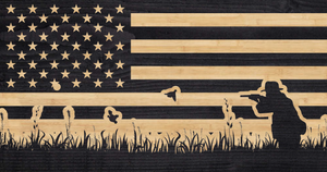 Quail Hunting Scene overlaid on the American Flag