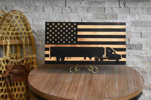 semi truck and trailer charred wood american flag