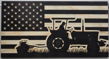 Load image into Gallery viewer, tribute to farmers charred wood flag, wood american flag tractor