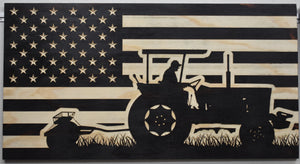 tribute to farmers charred wood flag, wood american flag tractor
