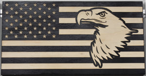 Eagle head overlaid onto the stripes of the American flag, rustic custom charred flag