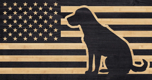 Labrador retriever overlaid on the American flag