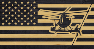 Arial lineman helicopter flag, charred wood custom american flag