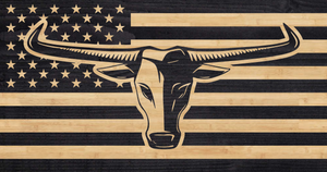 Longhorn engraved over the American flag