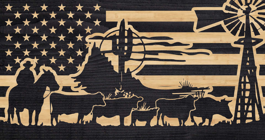 Rancher on farm with cattle overlaid on charred wood US flag, farmer tribute american flag