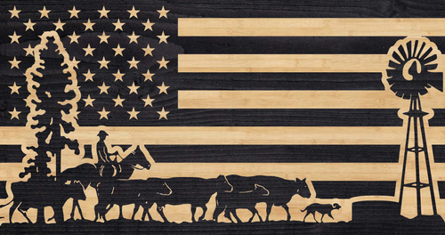 Depiction of the American rancher overlaid on the US flag, american flag charred wood, ranch farm tribute flag