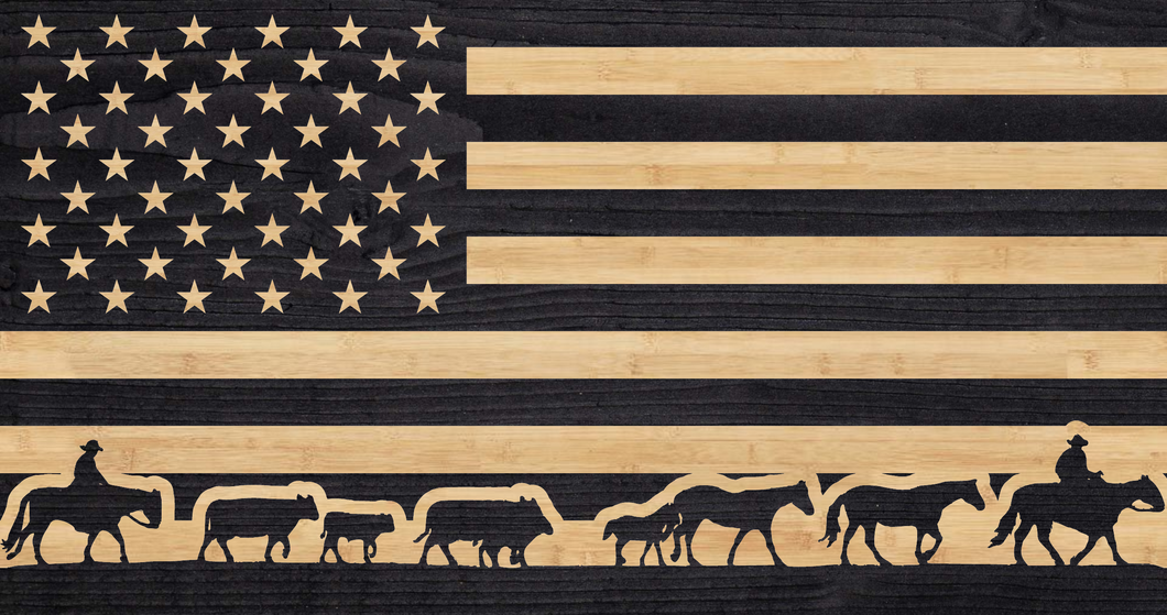 Ranchers driving cattle across American flag, farmer flag, cattle farmer flag, rancher flag