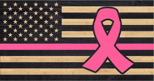 Pink line and pink ribbon overlaid on american flag for cancer awareness