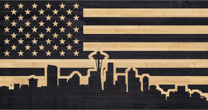 Seattle skyline overlaid on American flag