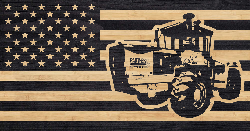 Steiger Panther III PTA-325, farmer flag, support local farmers, charred wood rustic american flag